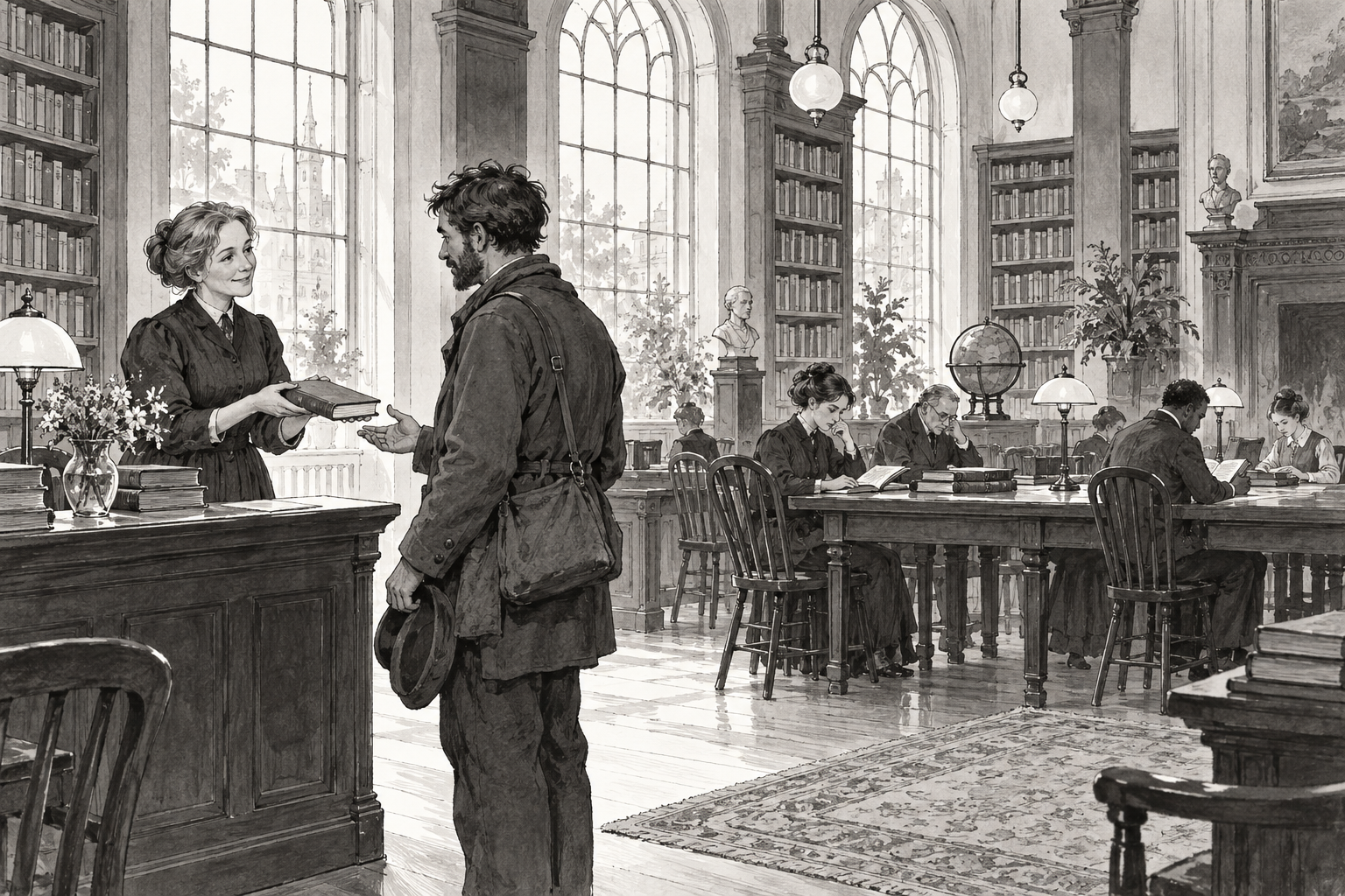 An imagined Victorian public reading room where a librarian offers a book to a newly arrived reader.