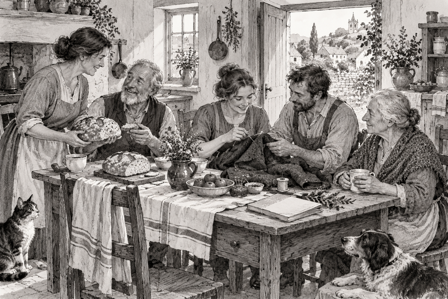 Neighbours sharing bread and mending clothing around a village kitchen table.