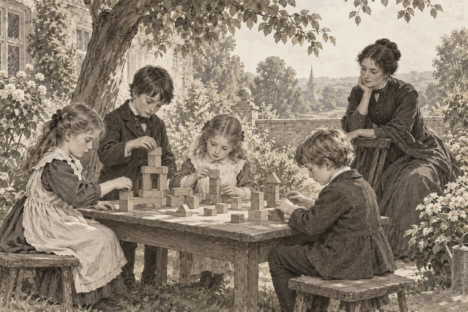 Interpretive illustration of children building with wooden blocks while an educator observes in an imagined nineteenth-century garden classroom.