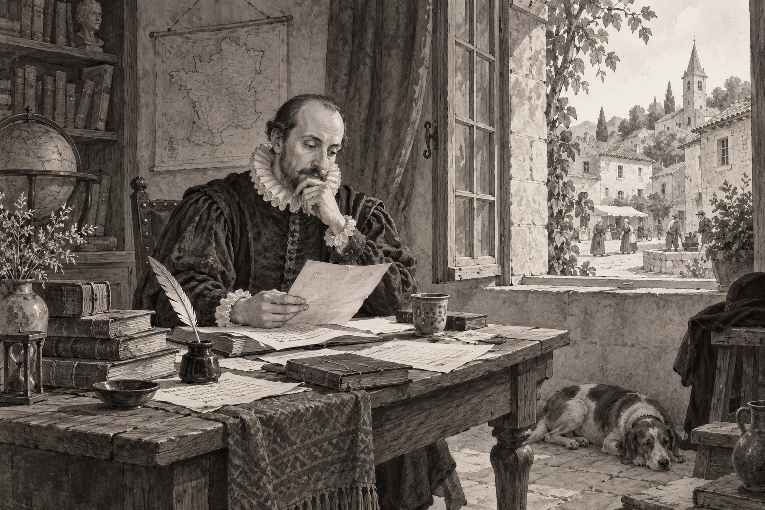 An imagined Renaissance essayist considering pages at a desk beside a window overlooking village life.