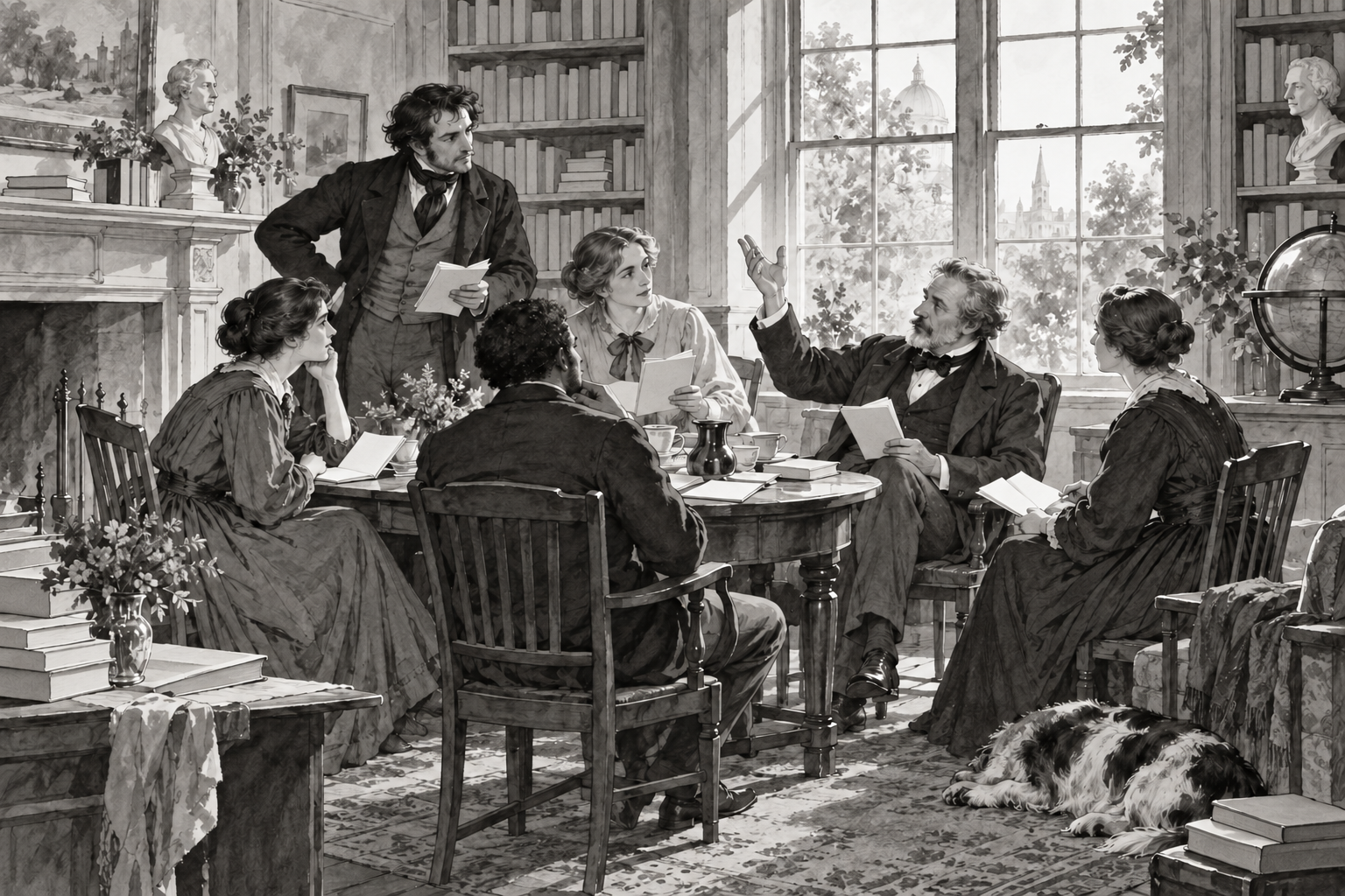 An imagined nineteenth-century reading room where a group listens to someone offering a different view.