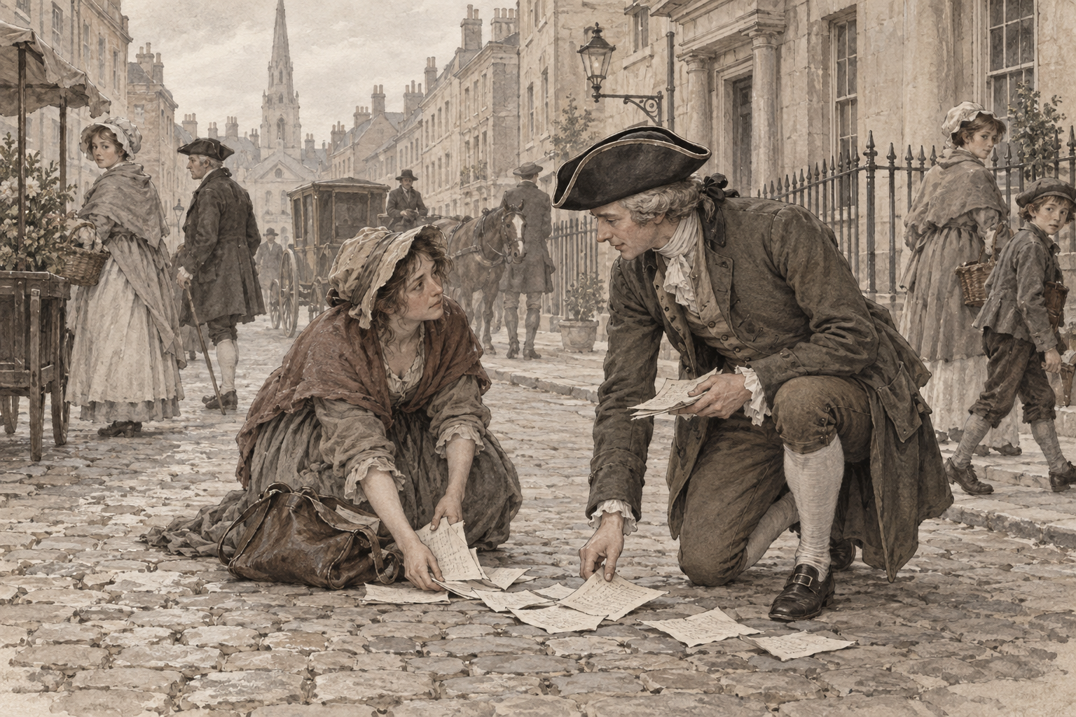 Interpretive illustration of a passerby helping a woman gather scattered papers in an imagined eighteenth-century street.