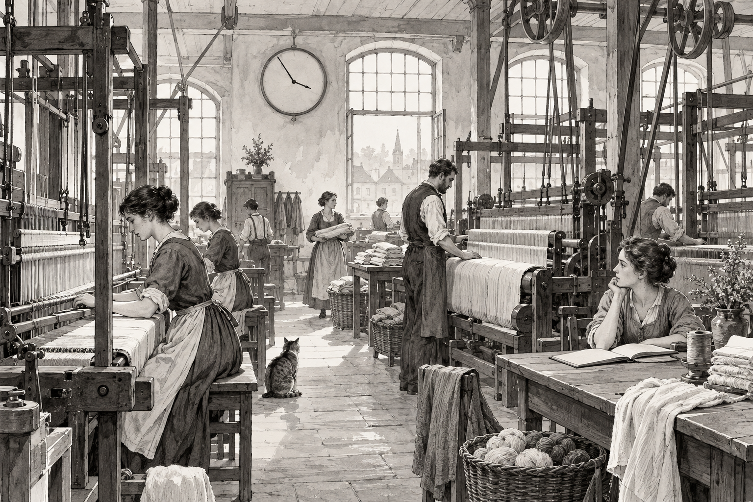 An imagined nineteenth-century textile workshop with workers, looms and a large clock.
