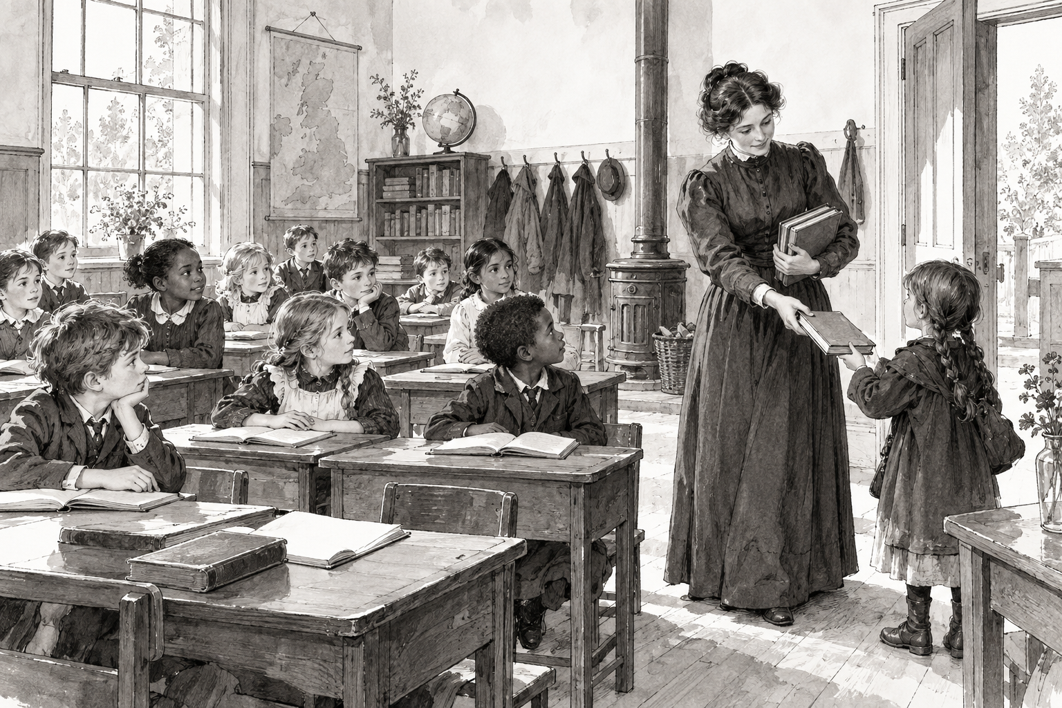 An imagined Victorian classroom where a teacher offers a book to an arriving child.