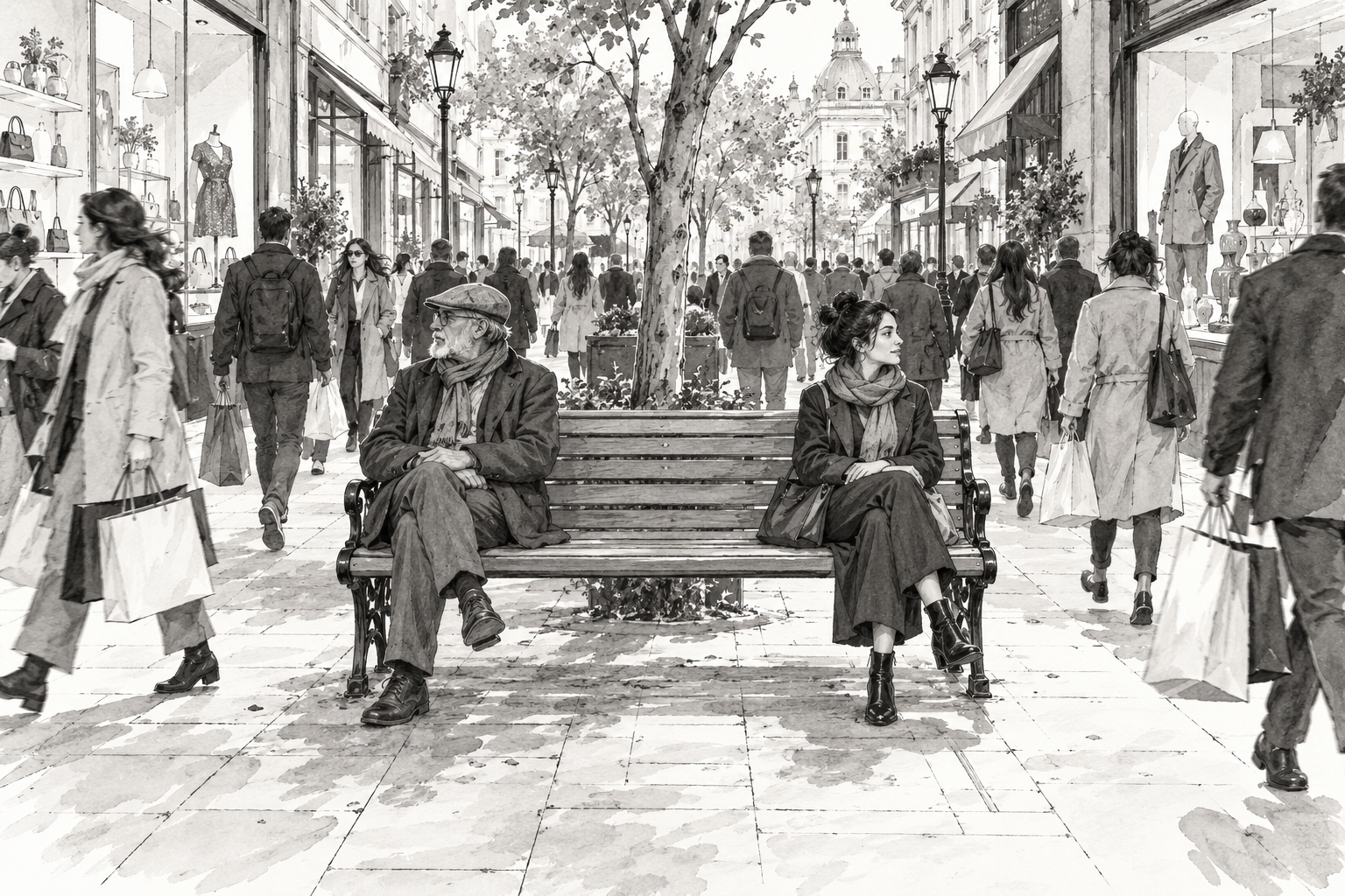 Two strangers sit peacefully on a public bench while shoppers hurry along a busy city street.