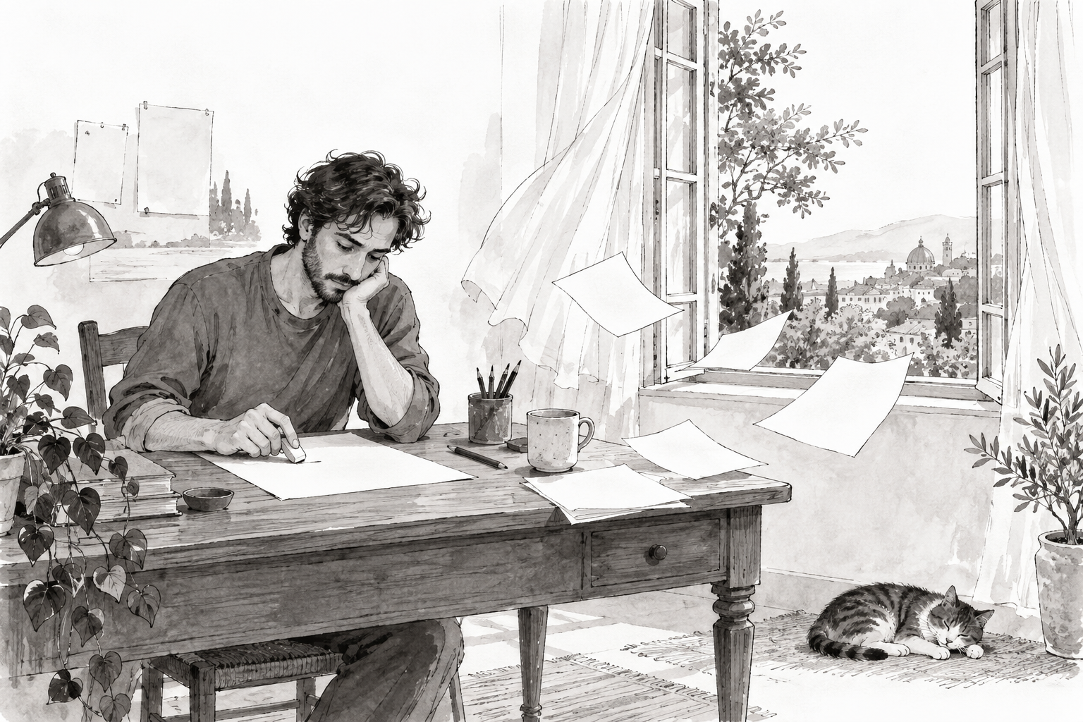 A person at a writing desk erases a pencil mark while a breeze from an open window lifts pages and curtains.
