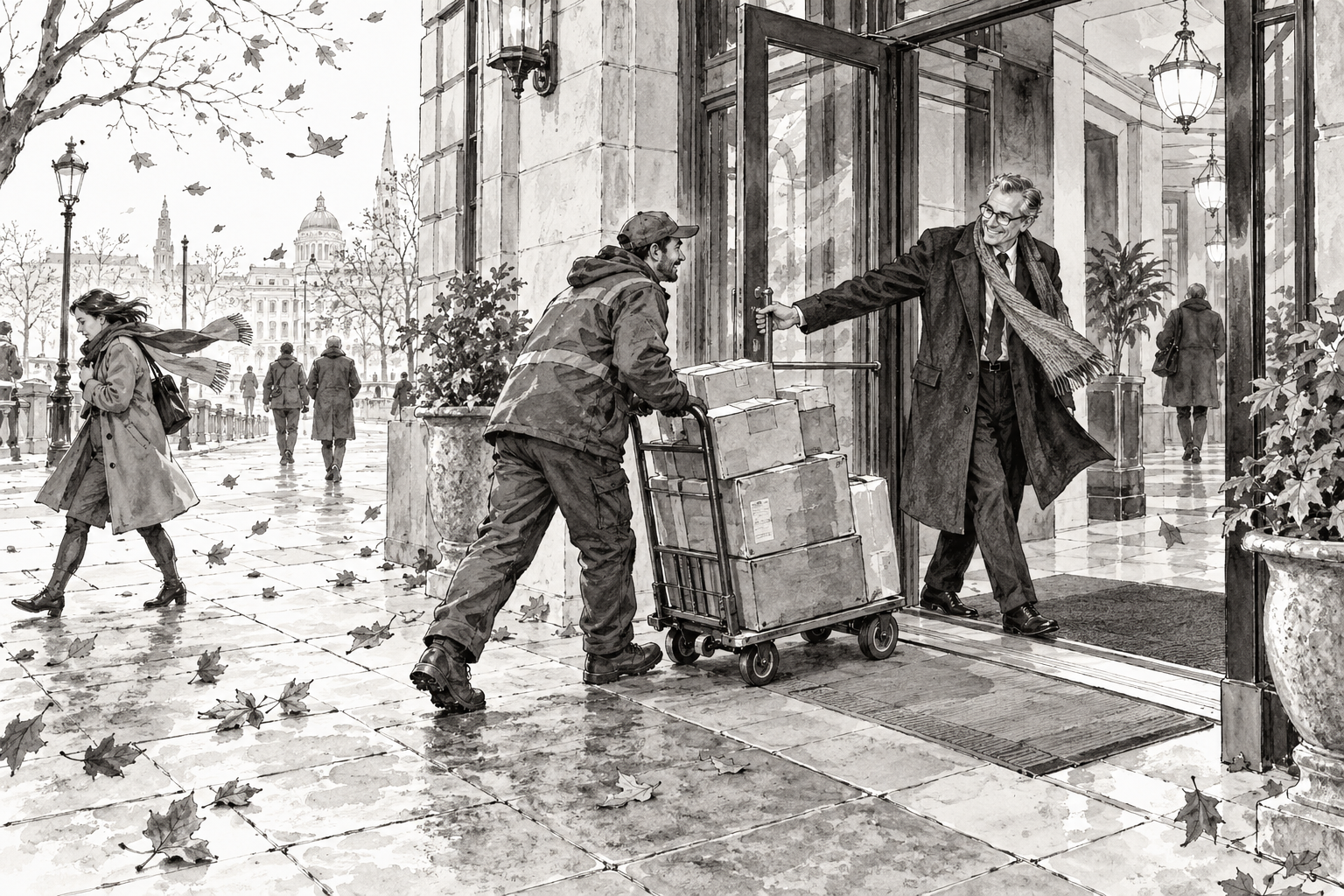At an office entrance, one person holds a door while a delivery worker guides a loaded trolley inside from a windy pavement.