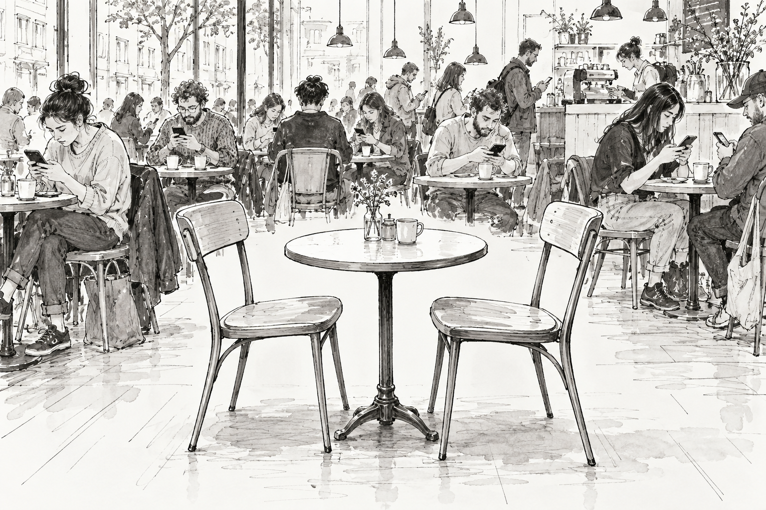 Two empty chairs face each other in a café where the surrounding customers look at their phones.