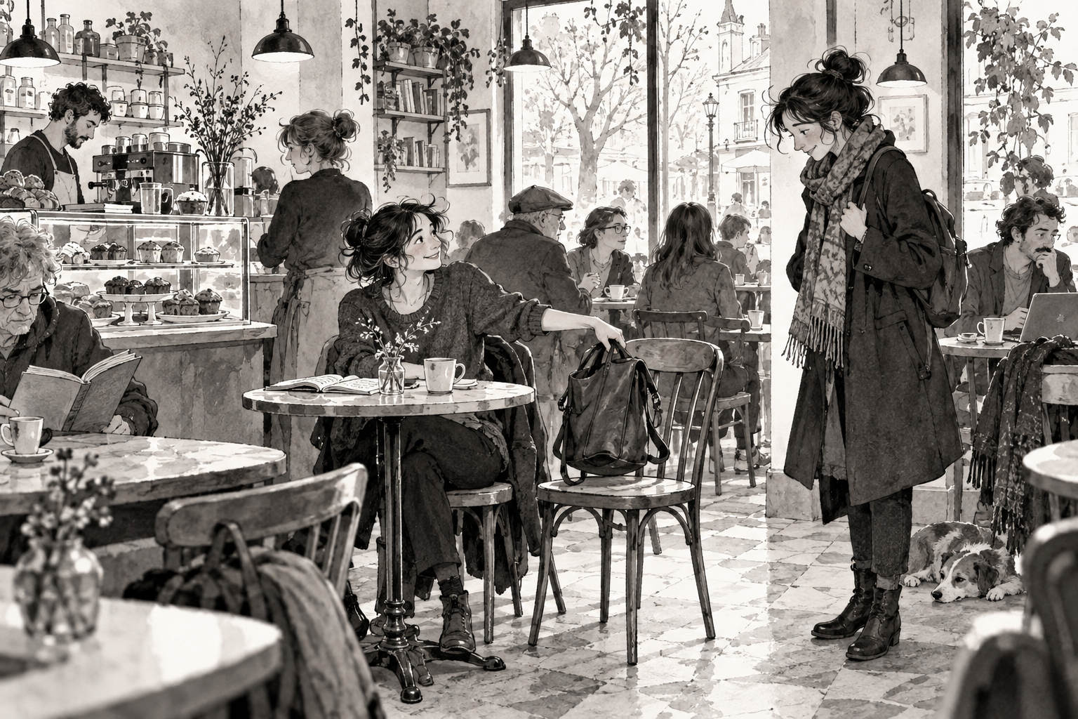 In a busy café, a seated customer lifts a bag from the next chair to welcome a hesitant newcomer.