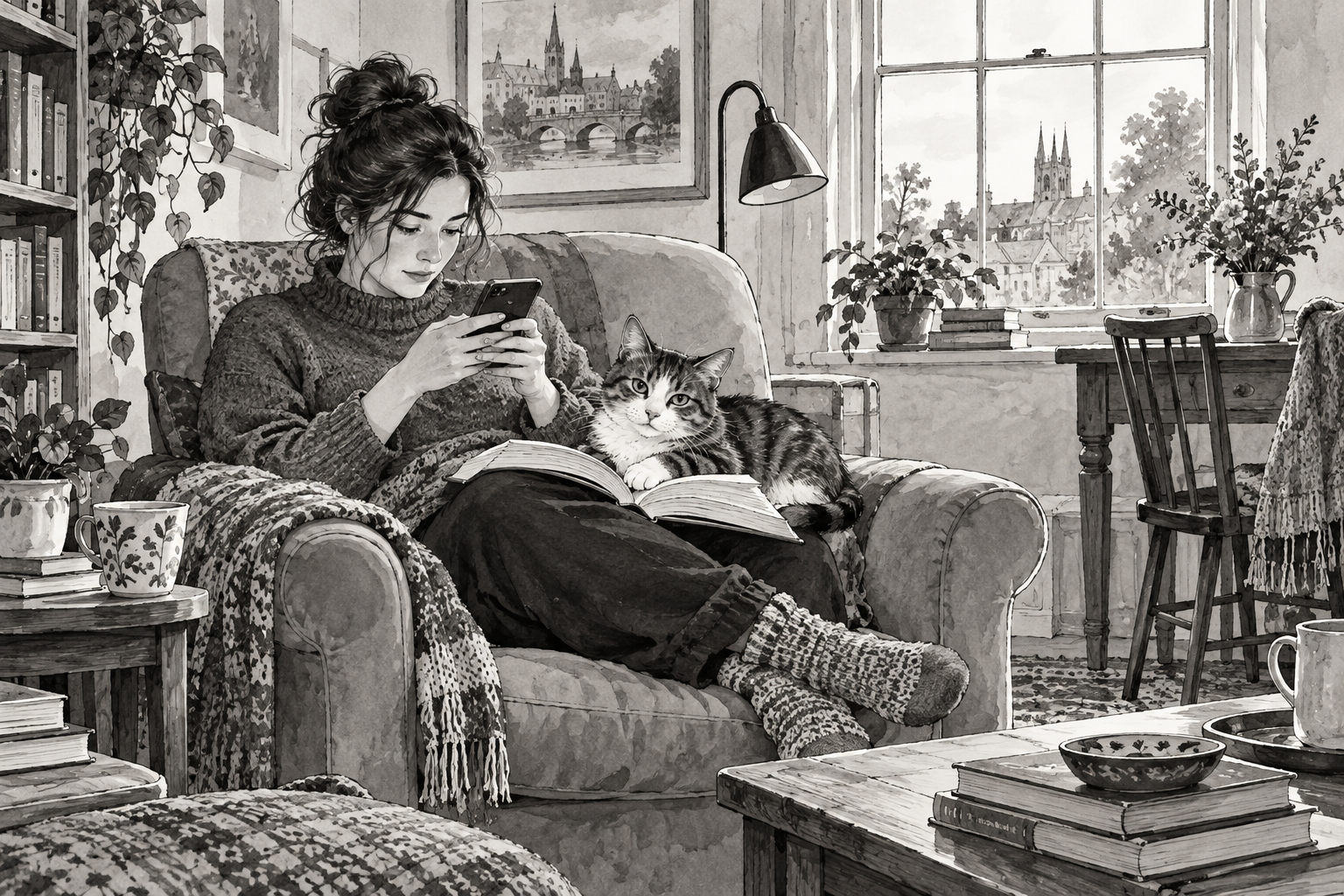 A reader looks at a phone above an open book while a cat rests across the pages and looks out expectantly.