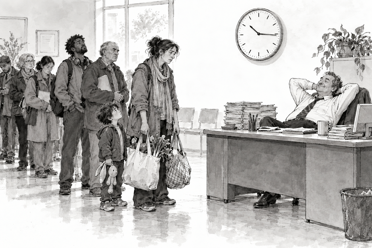 A tired person with shopping bags and a child waits before a comfortably seated official beneath a wall clock.
