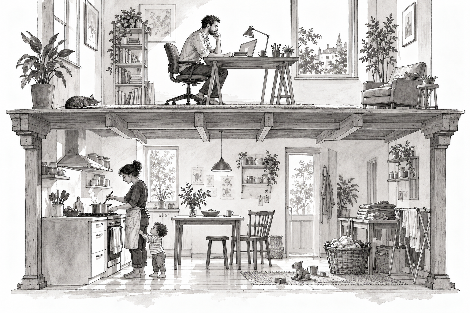 A cutaway illustration places an adult at an office desk above a domestic scene of cooking, laundry and childcare that supports the working day.