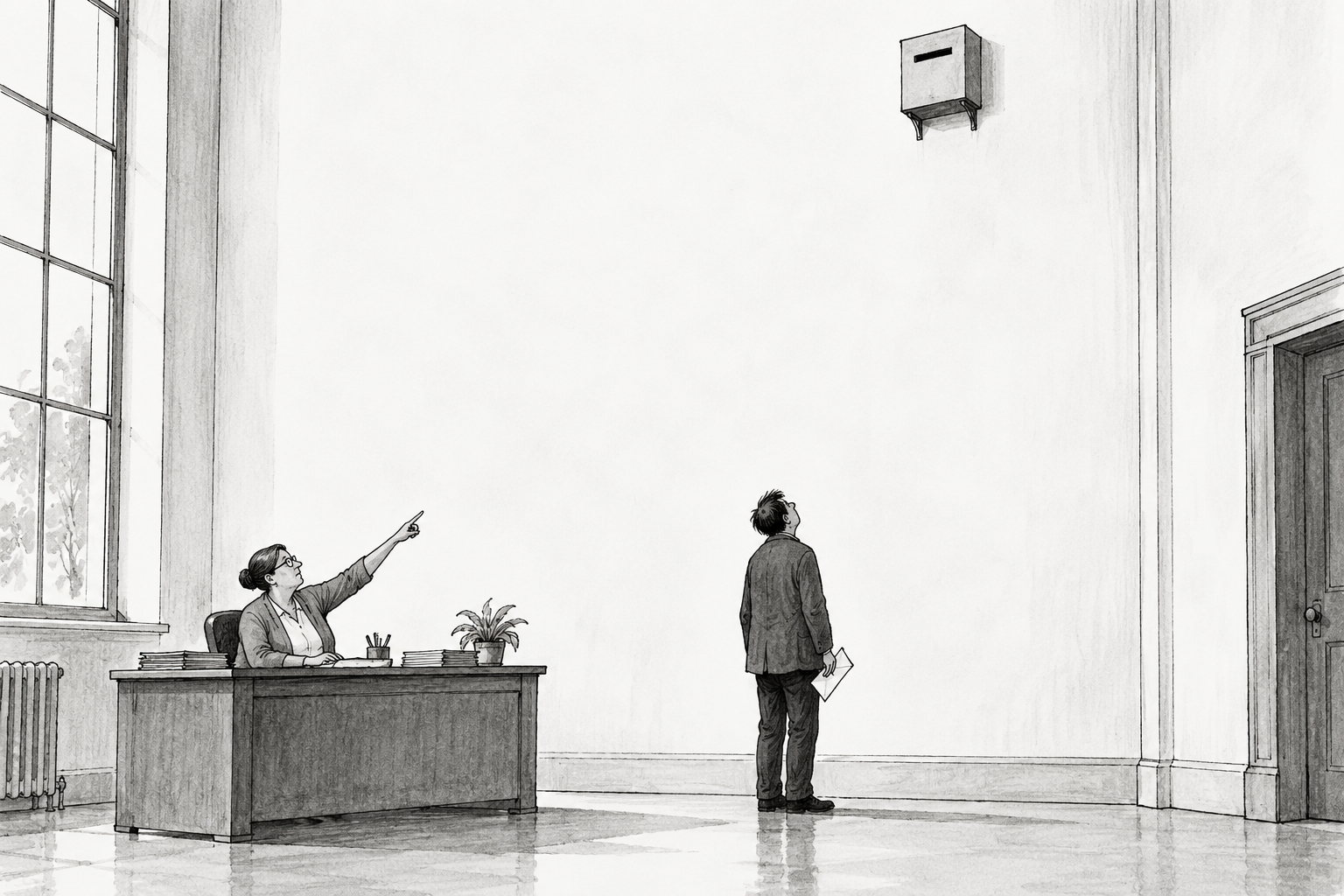 A person holds a folded suggestion beneath a suggestion box mounted far above their head, while a clerk points upward.